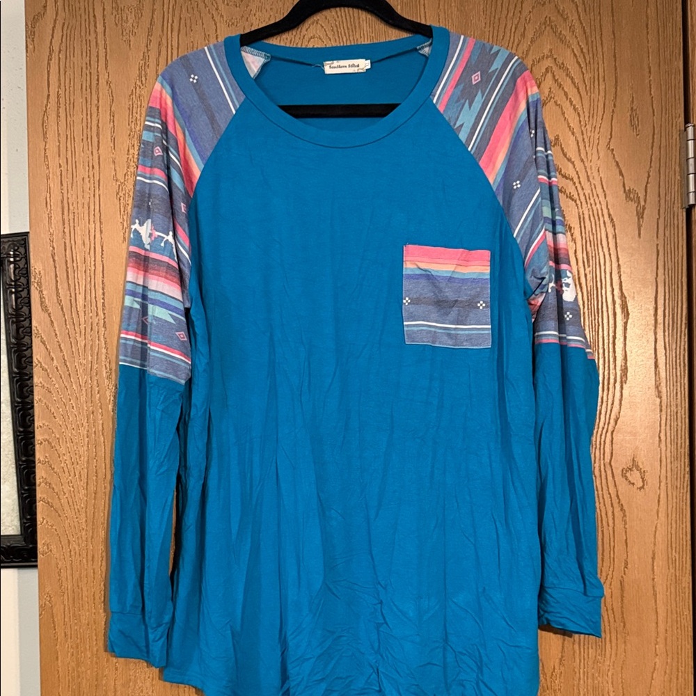 Teal Long Sleeve Women's Top with Multicolor Accents